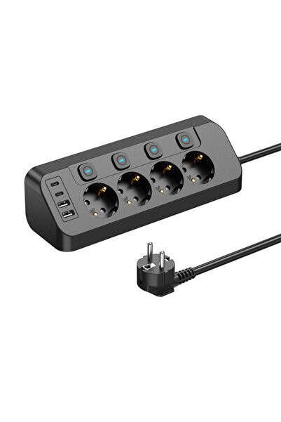 SMAYLİNG Akım Korumalı 4’lü Priz 3680W | 2 USB-A + 2 Type-C | Bireysel Anahta...