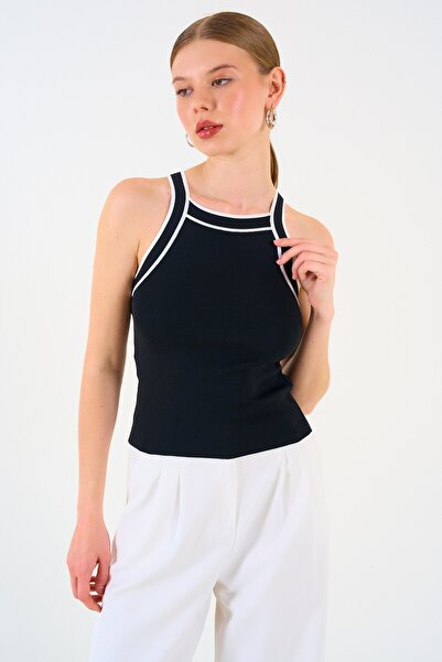 Liora Women's Contrast White Stripe Strap Black Tank Top