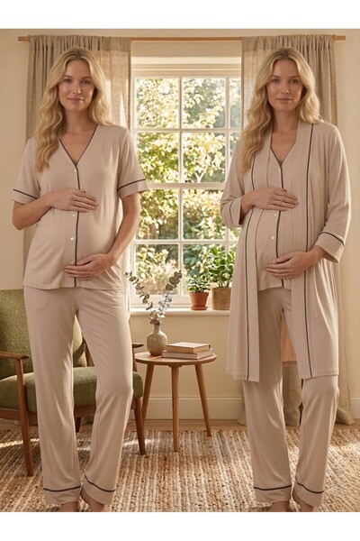 Lohusa Homewear Νέα σεζόν Μπεζ κοντομάνικο σετ πιτζάμες εγκυμοσύνης με κουμπι...