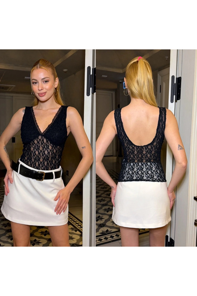 bysoca Women's Black V-Neck Sleeveless Backless Bust Lined Sheer Stylish Lace...