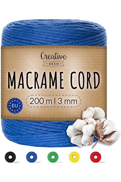 Creative Deco 656 Feet Blue Macrame Cord | 200m | 3mm Thick | Cotton Rope
