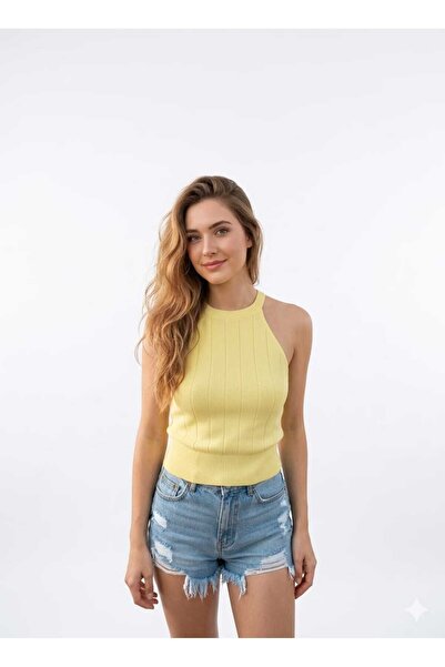 Zeyn KADIN TRİKO BEL HİZASI KOLSUZ HALTER YAKA ŞIK BLUZ BADİ
