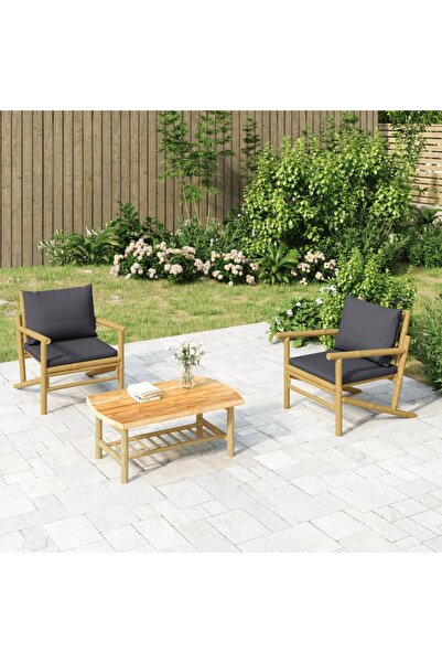 Concept Σετ επίπλων κήπου, σκούρα γκρι μαξιλάρια, 3 τεμάχια, Μπαμπού