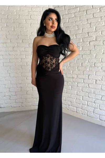 moneta boutique Women's Strapless Design Lace Detailed Long Dress