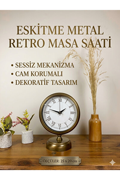 KOLAYEV Eskitme Metal Retro Masa Saati 25x20 cm | Sessiz Mekanizma, Cam Korum...