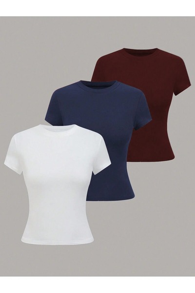 ALİ.COM Women's Basic Crew Neck Slim Fit T-Shirt Set of Three