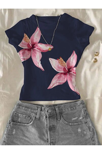 ALİ.COM Women's Floral Printed Lycra Short Sleeve Body Tee Crop