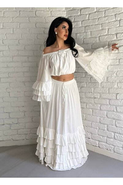 moneta boutique Set de bluză și fustă cu volane și broșă florală pentru femei