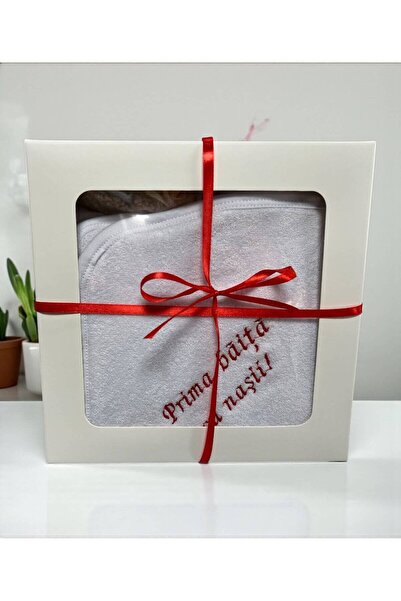 Your Baby Store Embroidered towel - red “First bath with the godparents”, wit...
