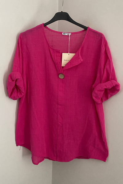 AYASOFYA OTANTIK Women's Italian Fuchsia Button Detailed 3/4 Sleeve Oversized...