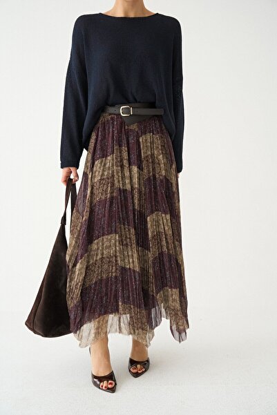 TAŞDELEN AVM Maxi Boy Pleated Patterned Asymmetrical Skirt