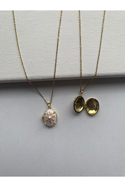 COLLECTİON İnci detaylı vintage kapaklı madalyon kolye- fotoğraf konulabilir ...