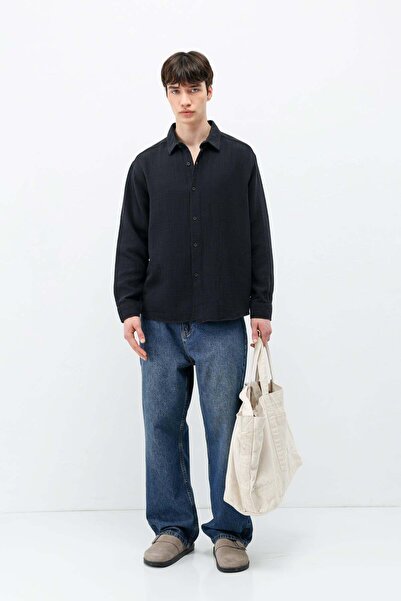 VAMOSCLO Textured Cotton Lu Oversized Shirt Black