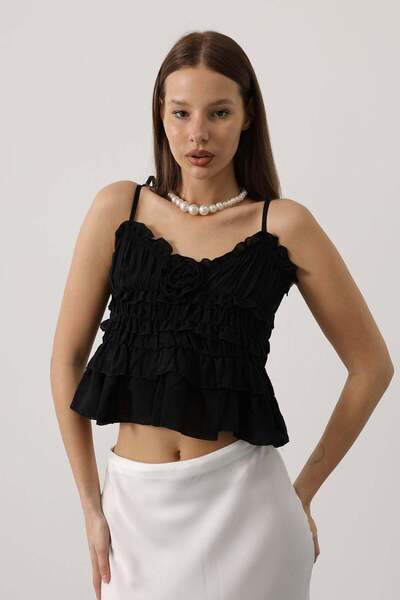 vuvutasarım New Season Tie-Detail Women's Cropped Blouse with Strap Rose Deta...