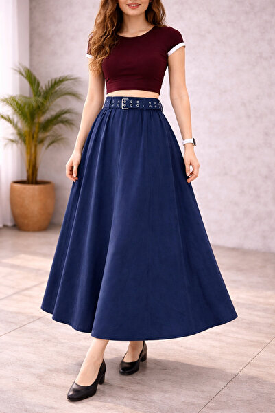 İkoll High Waist Bird-Eye Patterned Long Skirt, Belt Piece Set