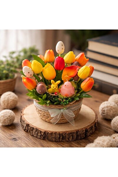 victiny Easter arrangement with tulip flowers, natural dried flowers and cand...