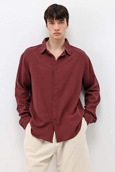 VAMOSCLO Long Sleeve Basic Oversized Shirt Claret Red