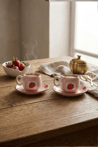 Mithra Life Set of 2 Ceramic Turkish Coffee Cups Strawberry Series Mit1329