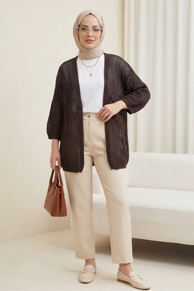 Modamorfo Diamond Patterned Lace-Like Knit Knitwear Cardigan -K. Coffee