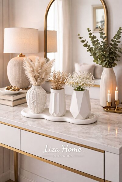 LİZA HOME DECORATION 3’lü Dekoratif Vazo Seti Modern Geometrik Kabartmalı Tas...