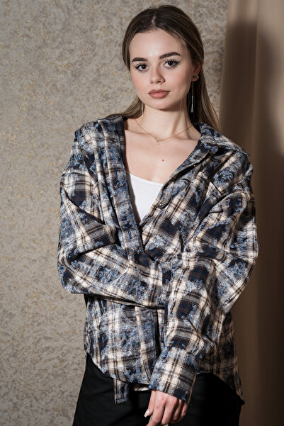 Classy Store Oversized Shirt with Neutral Checked Print and Denim Texture