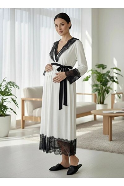 LOHOUSE Kadın Ekru Siyah Dantelli 2'Li Lohusa Hamile Gecelik Sabahlık Takım Seti