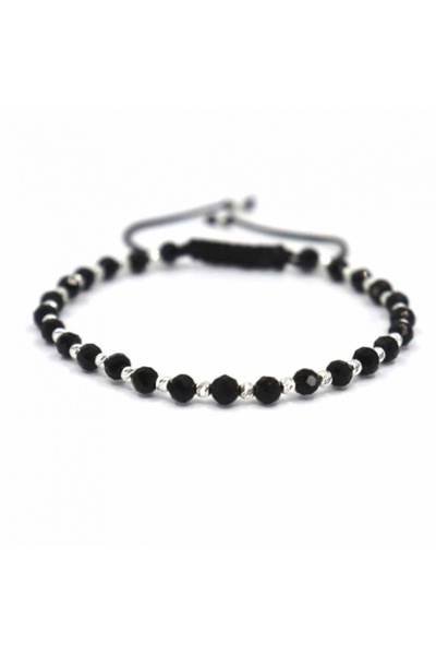 Onixbox Bracelet with Silver Beads 925, Faceted Onyx 4 mm, Adjustable Cord