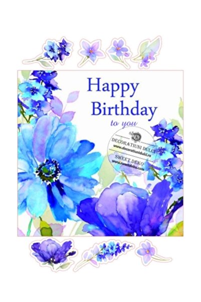 Decoratiuni Dulci Blue flowers greeting card cake template | Edible image - C...
