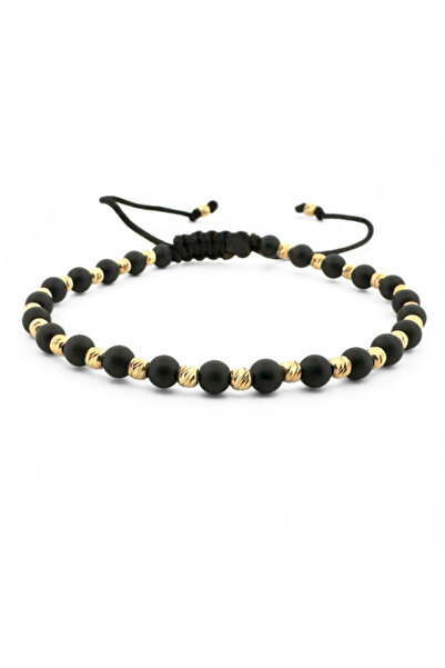 Onixbox Black Matte Onyx Bracelet with Silver Beads Plated with 18K Gold – Ad...