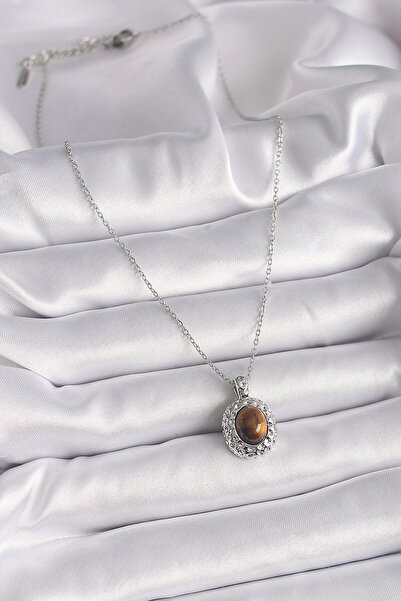 cleovibe قلادة سيرينو 316l من الفولاذ باللون الفضي مع سلسلة من الخرز الكهرماني