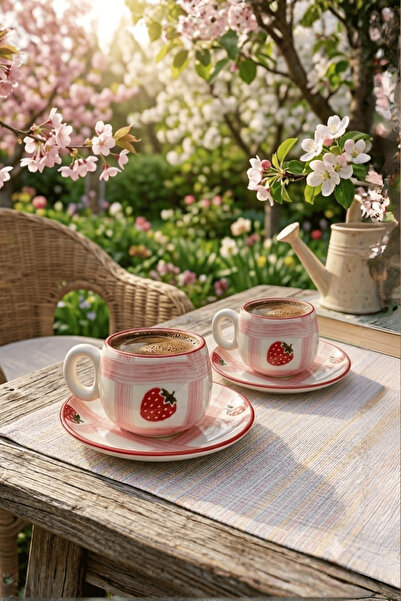 Mithra Life Set of 2 Ceramic Turkish Coffee Cups Strawberry Series Mit1329