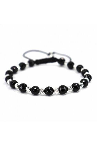 Onixbox Bracelet with Silver Beads 925, Adjustable Cord and Faceted Onyx Semi...