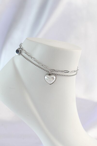 cleovibe 316L Steel Silver Color White Heart 2 Piece Anklet