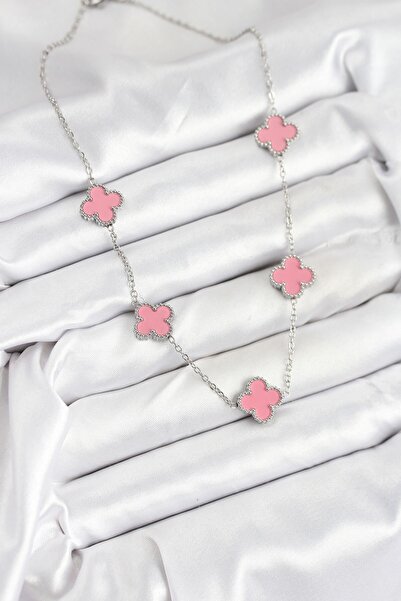 cleovibe Cielo 316L Steel Chain Silver Pink Color Clover Necklace
