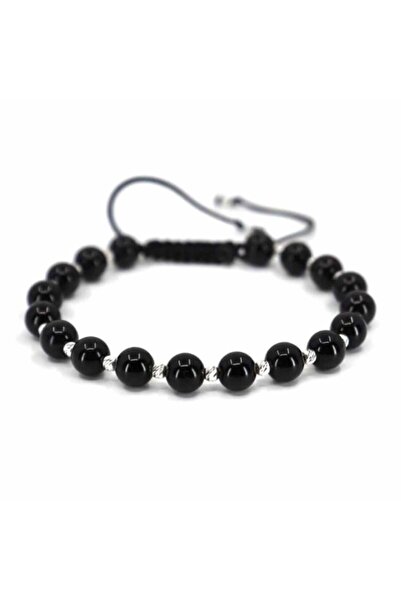 Onixbox Bracelet with Adjustable Cord and Silver Beads 925, Onyx Stones 6mm