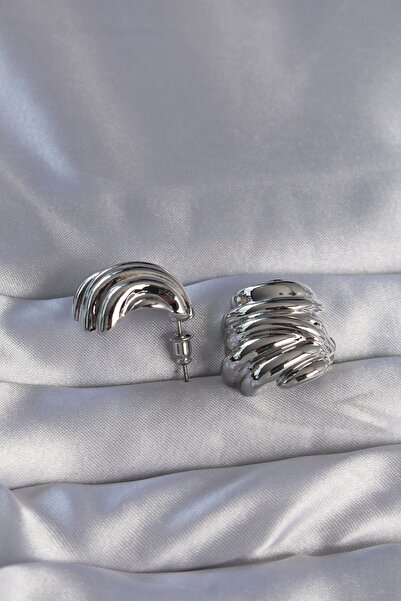 cleovibe Aria Brass Silver Color Serrated Curved Model Earrings