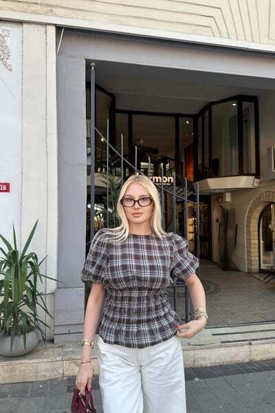 lizge giyim Plaid Desen Waist Elasticized Bluz