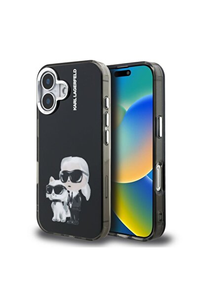 Karl Lagerfeld Θήκη IML Aquarelle Karl and Choupette Logo Black iPhone 16