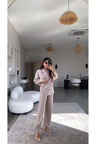 Buket Teke Jachetă bej cu două rânduri de nasturi lejer cu detaliu la tiv Set...