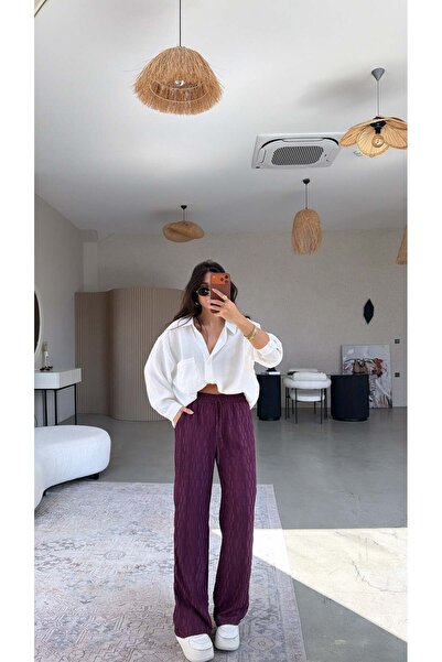 Buket Teke Pantaloni elastici din țesătură plisată de culoare prună