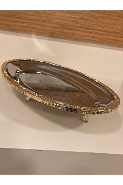 PLUS HOME Presentation Plate Oval 35 cm Cast Golden Edge Frame Stainless Stee...