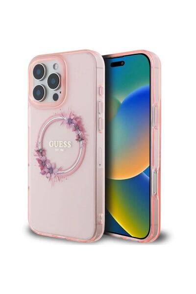 Guess Θήκη Flowers Στεφάνι Clear Pink Magsafe iPhone 16 Pro Max