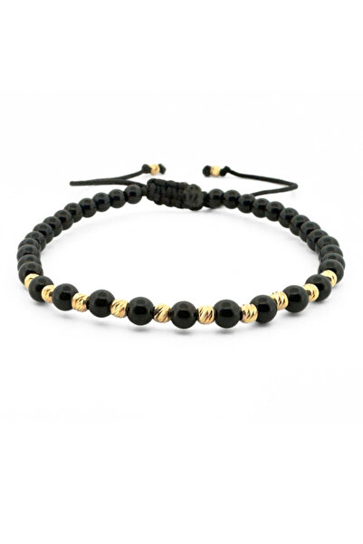 Onixbox Black Glossy Onyx Bracelet 4 mm with 12 Silver Beads Plated with 18K ...