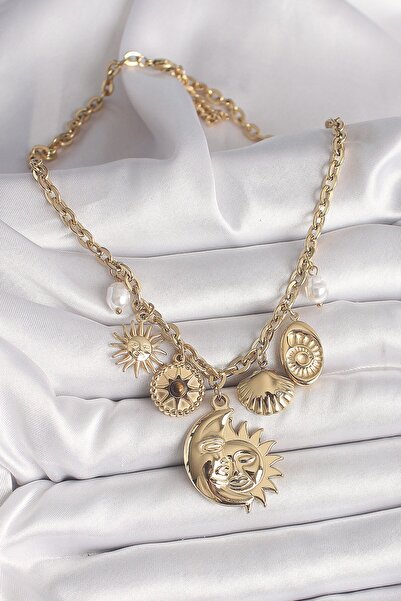 cleovibe قلادة فيرا 316l من الفولاذ باللون الذهبي على شكل قمر وشمس مع تفاصيل ...