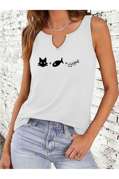 mercoledi Women's Cat Printed Half V-Neck Sleeveless Regular Fit Casual T-Shirt