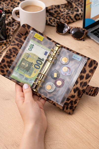 Mint Design Birikim Ajandası - Bütçe Planlayıcı Cüzdan - Taba Leopar - Altın ...