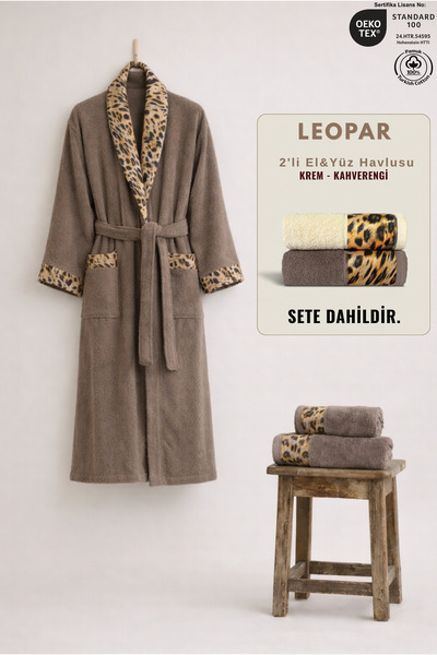 Ellaline 3-Piece Women's Bathrobe Set of Leopard Printed 100% Cotton Certifie...