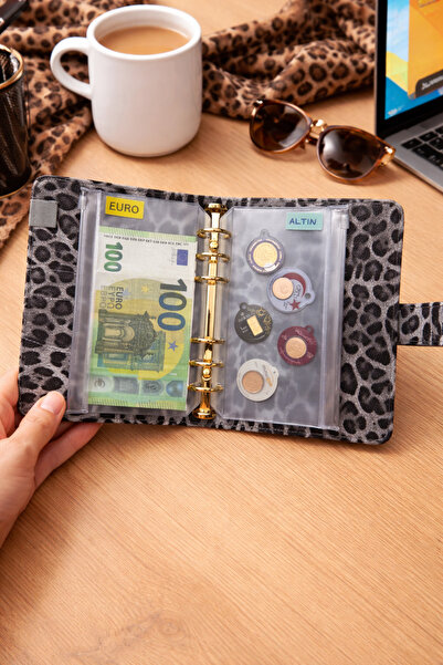 Mint Design Birikim Ajandası - Bütçe Planlayıcı Cüzdan - Gri Leopar - Altın M...