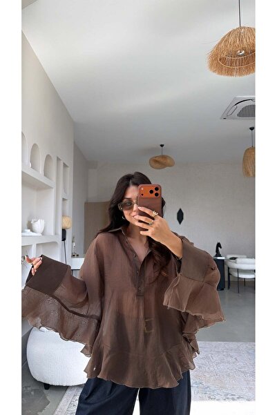 Buket Teke Brown Sheer Ruffle Shirt Blouse