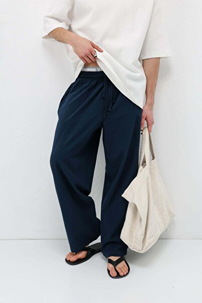 VAMOSCLO Super Baggy Fit Linen Trousers Navy Blue